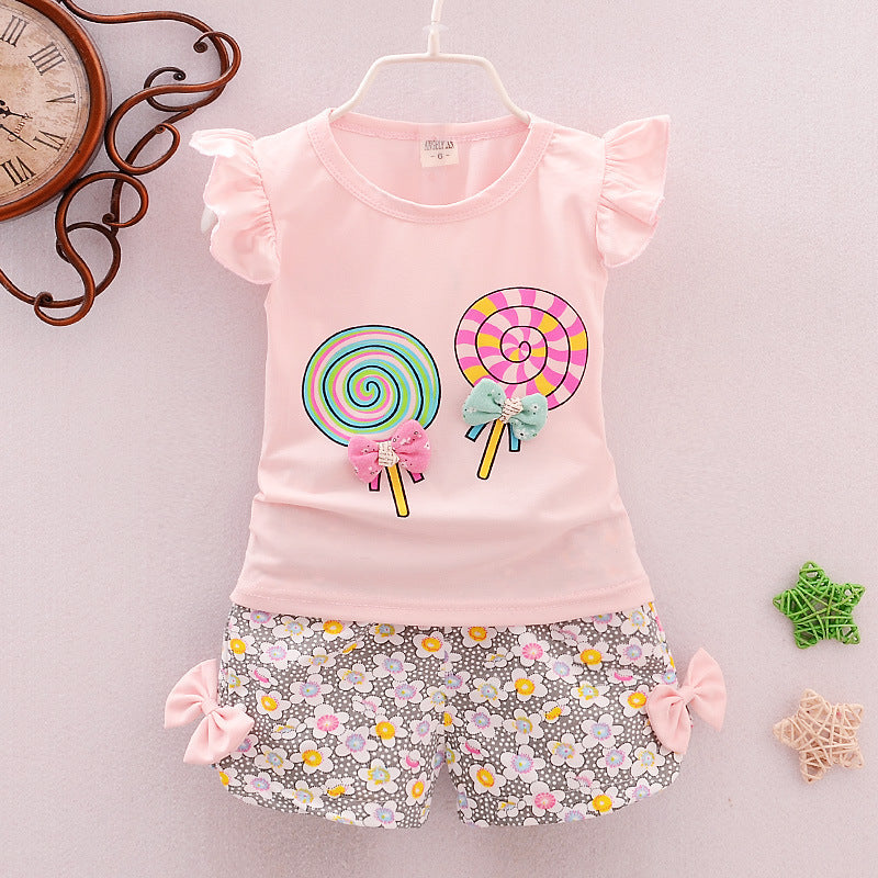Girls Korean Cartoon Cotton Two Piece Sleeveless Pants