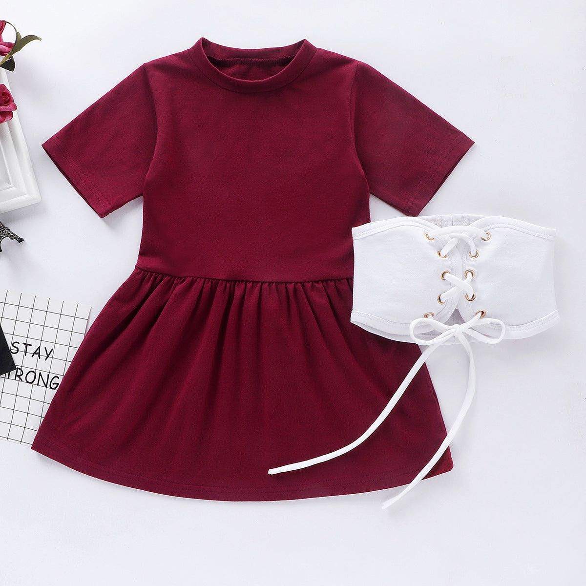 Girls Short Sleeve White Belted Dress