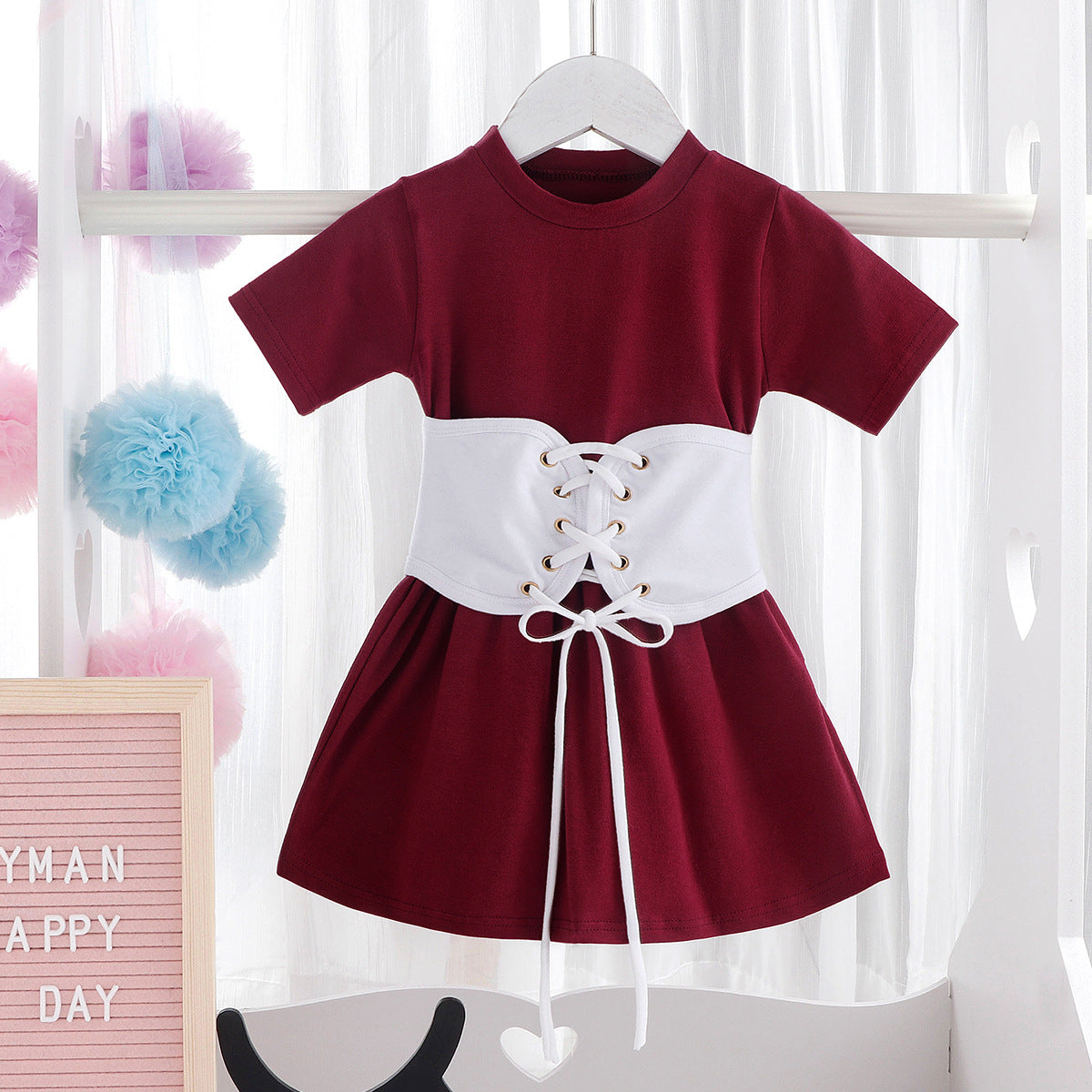 Girls Short Sleeve White Belted Dress