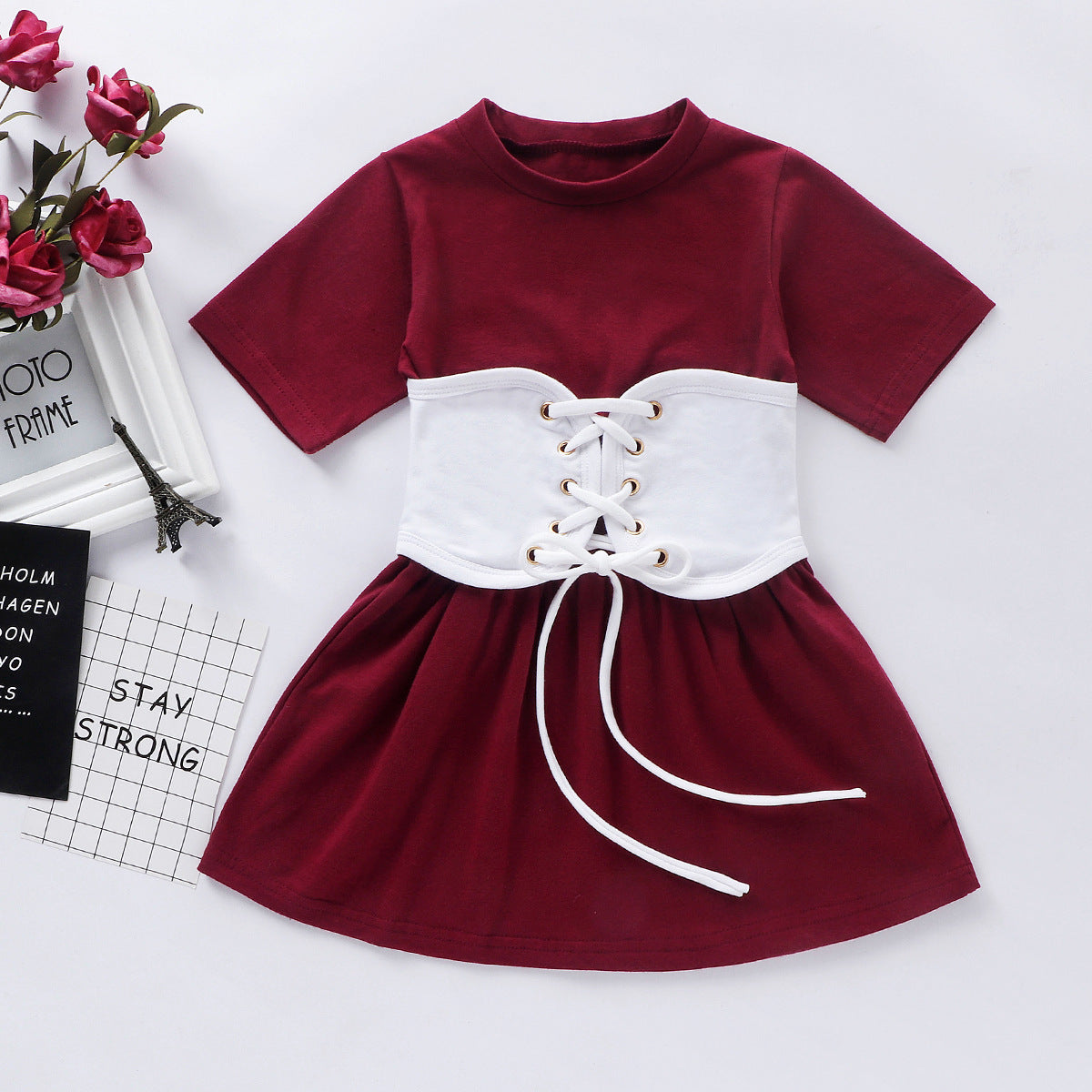 Girls Short Sleeve White Belted Dress