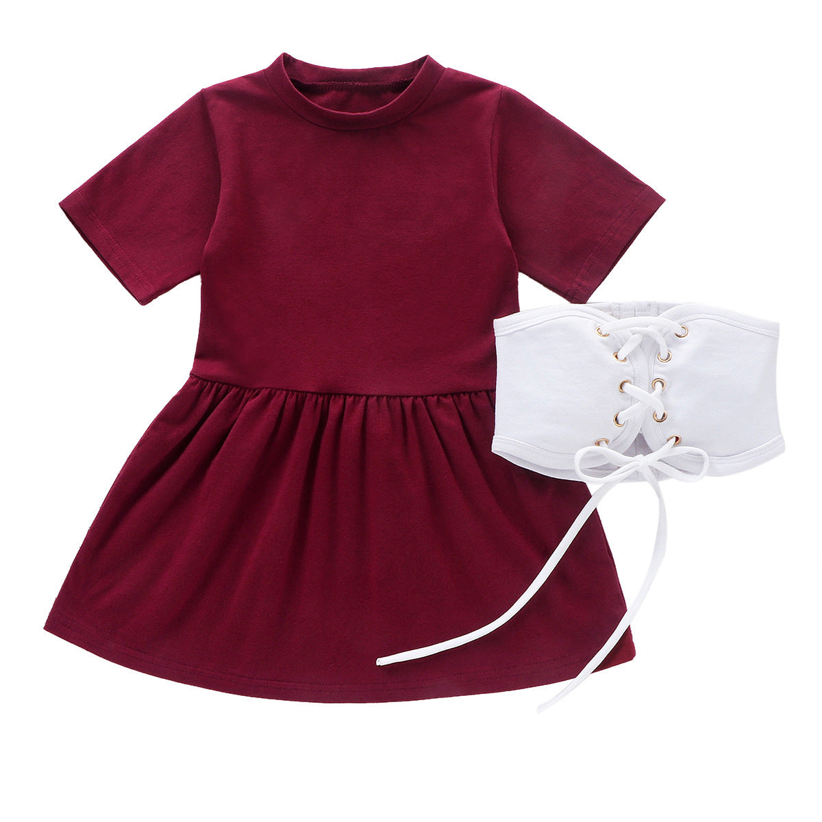 Girls Short Sleeve White Belted Dress