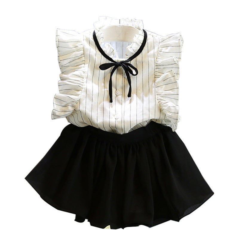 Children's Flying Sleeve Striped Shirt  Sweet Foreign Style Skirt Pants Two-Piece Suit