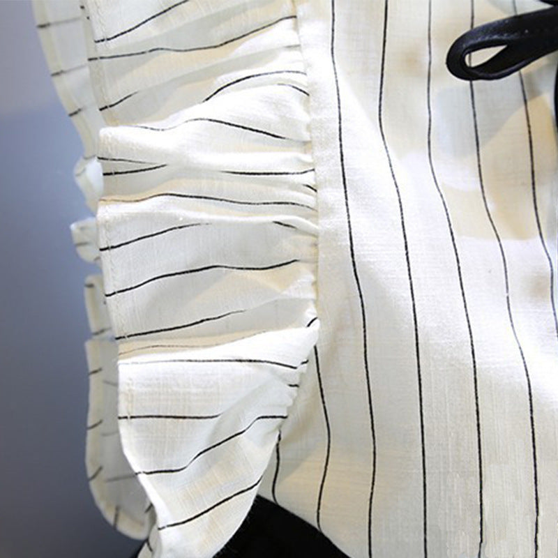 Children's Flying Sleeve Striped Shirt  Sweet Foreign Style Skirt Pants Two-Piece Suit