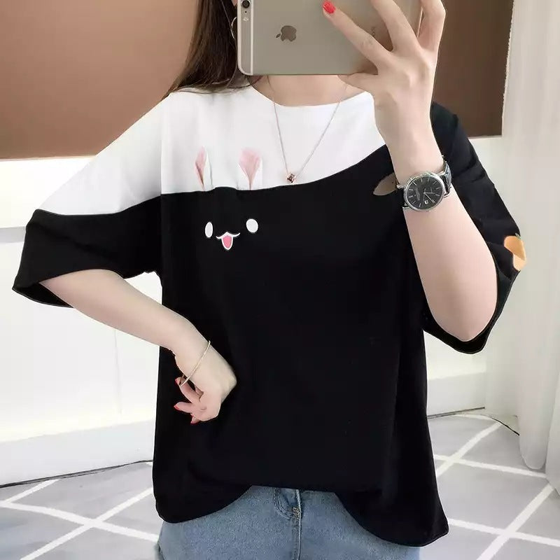 Cute Rabbit Embroidered T-Shirt Women Short Sleeve Half Sleeve