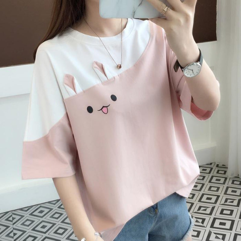Cute Rabbit Embroidered T-Shirt Women Short Sleeve Half Sleeve