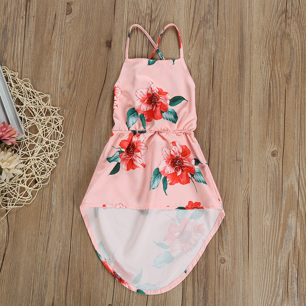 Girls Sleeveless Lace Flower Print Dress Regular Fit Pink