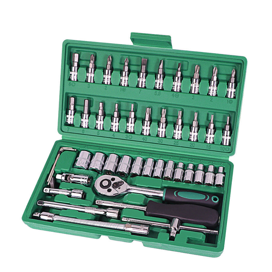 46-Piece Car Repair Tool Set – Alloy Steel Inch Socket Ratchet Torque Wrench Combo Kit in Green Plastic Box