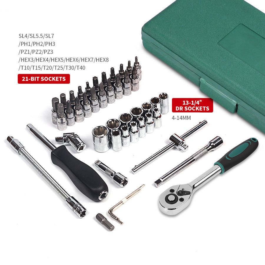 46-Piece Car Repair Tool Set – Alloy Steel Inch Socket Ratchet Torque Wrench Combo Kit in Green Plastic Box