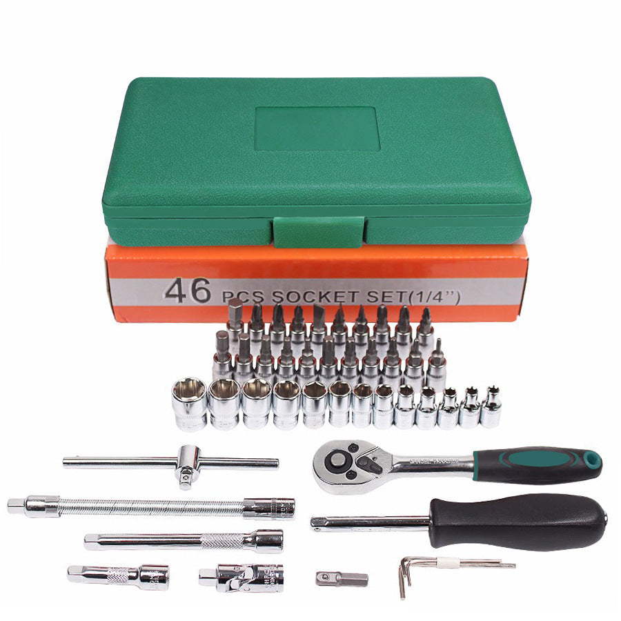 46-Piece Car Repair Tool Set – Alloy Steel Inch Socket Ratchet Torque Wrench Combo Kit in Green Plastic Box