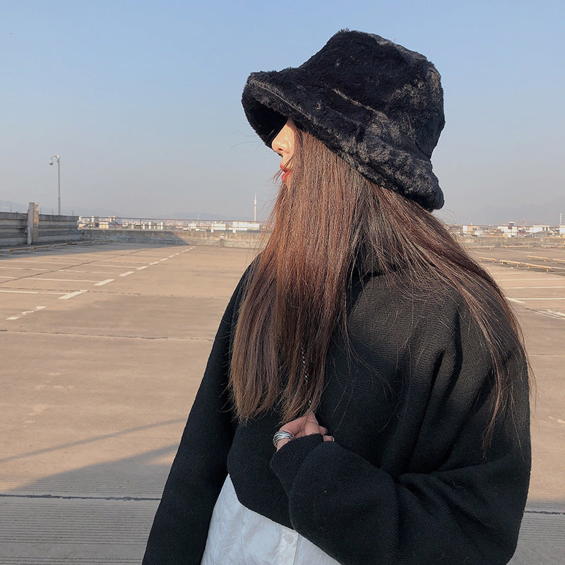 Women's Winter Thickened Imitation Rabbit Fur Flat Top Fisherman Hat
