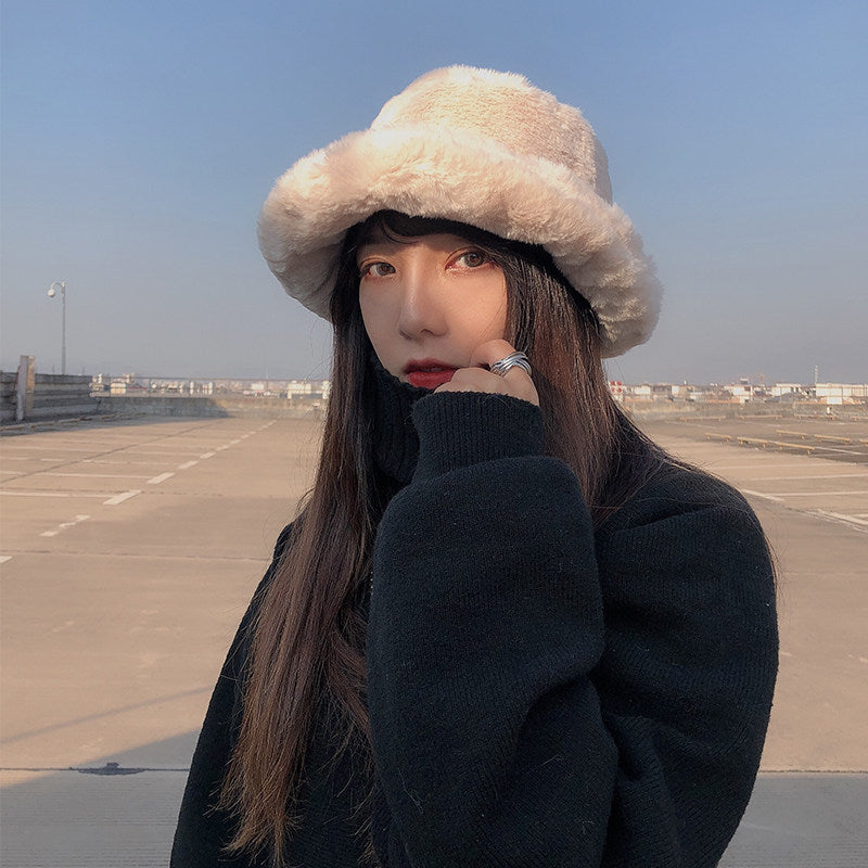 Women's Winter Thickened Imitation Rabbit Fur Flat Top Fisherman Hat