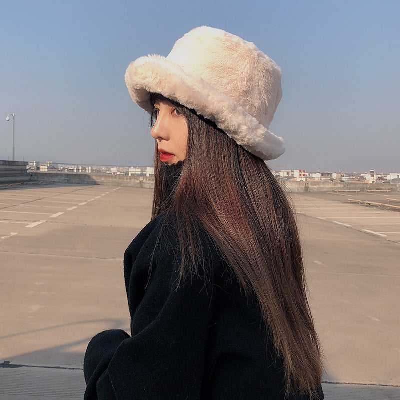 Women's Winter Thickened Imitation Rabbit Fur Flat Top Fisherman Hat