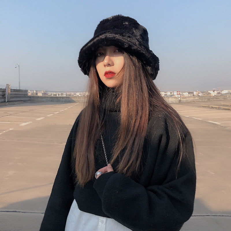 Women's Winter Thickened Imitation Rabbit Fur Flat Top Fisherman Hat