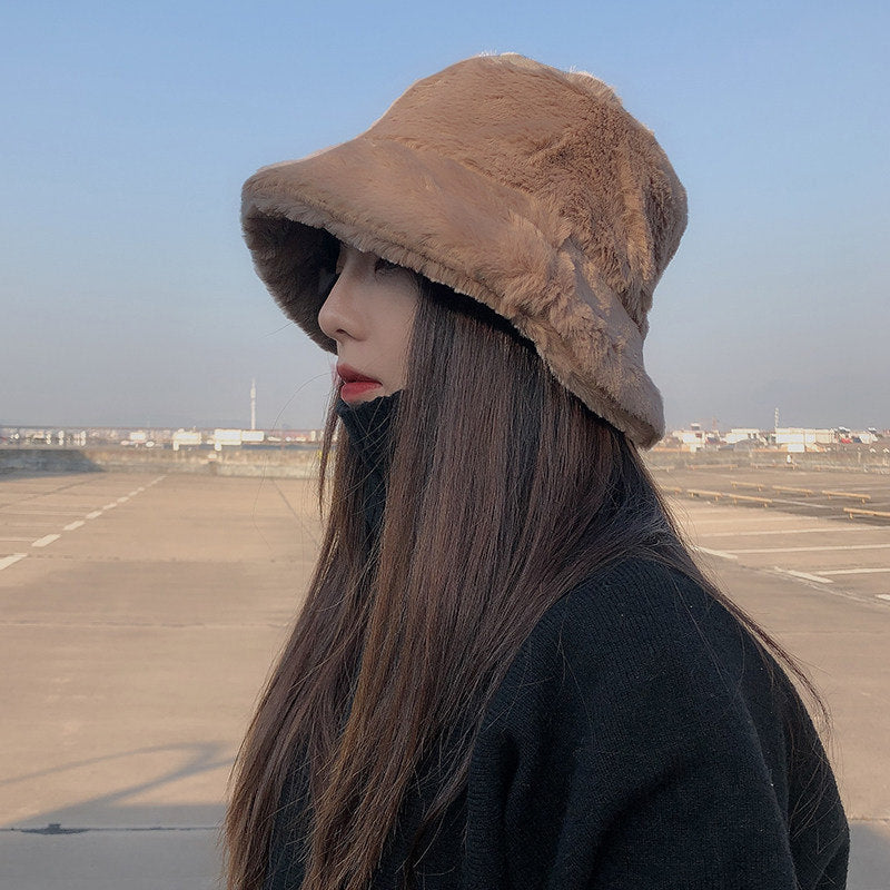Women's Winter Thickened Imitation Rabbit Fur Flat Top Fisherman Hat
