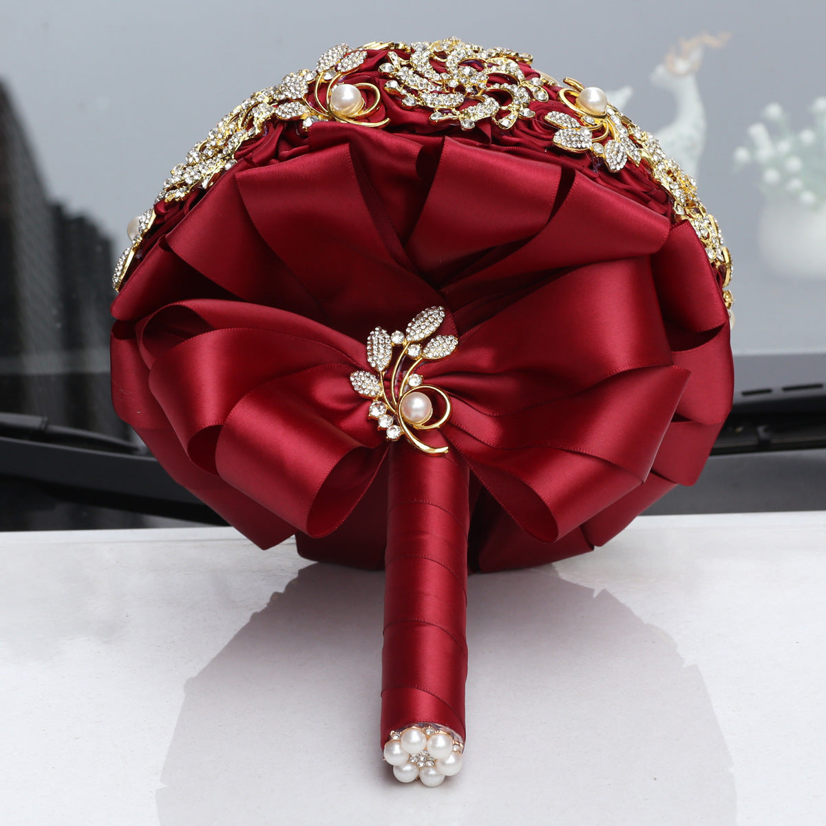 Handmade European-Style Golden Full Diamond Burgundy Bridal Bouquet with Rhinestones