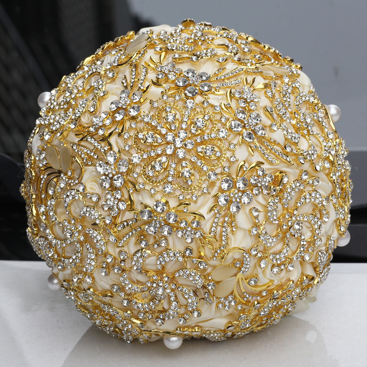 Handmade European-Style Golden Full Diamond Burgundy Bridal Bouquet with Rhinestones
