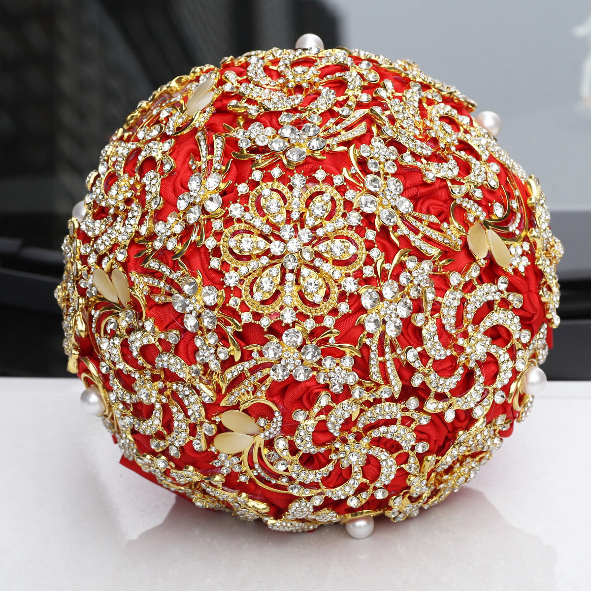 Handmade European-Style Golden Full Diamond Burgundy Bridal Bouquet with Rhinestones