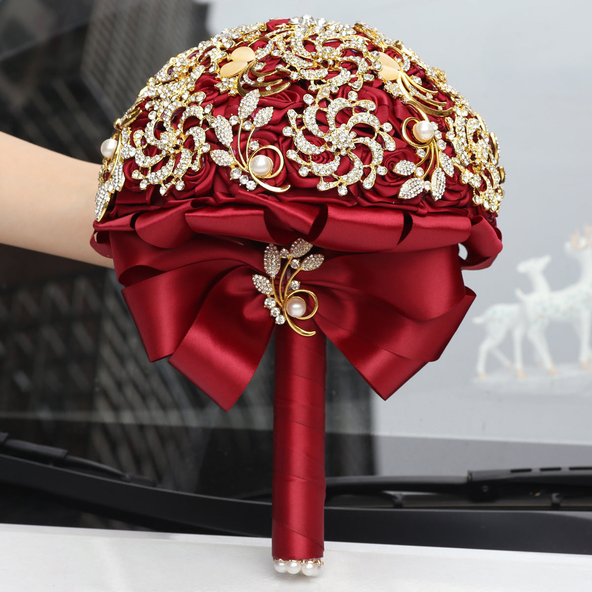 Handmade European-Style Golden Full Diamond Burgundy Bridal Bouquet with Rhinestones