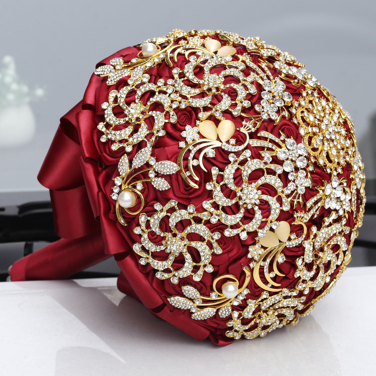 Handmade European-Style Golden Full Diamond Burgundy Bridal Bouquet with Rhinestones