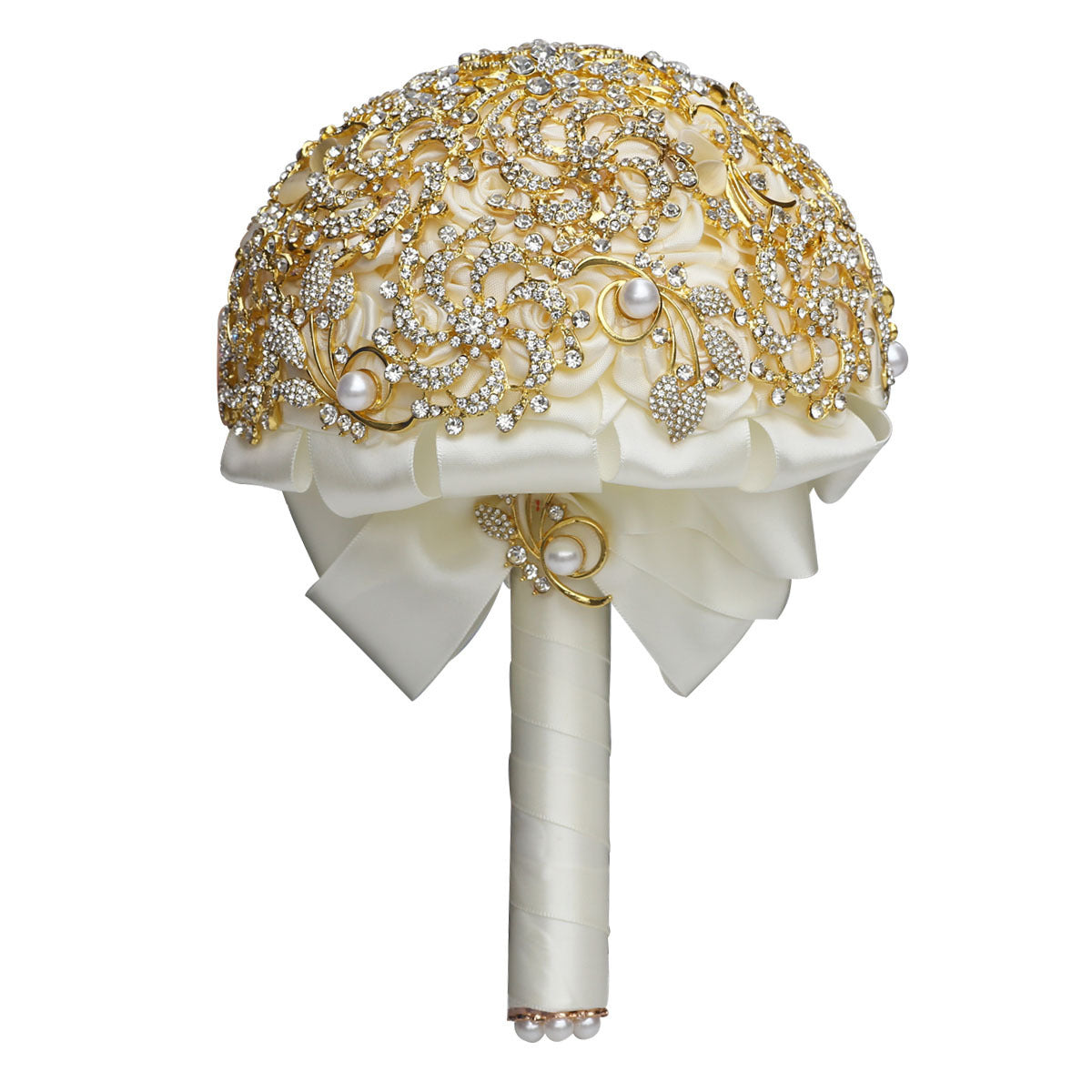 Handmade European-Style Golden Full Diamond Burgundy Bridal Bouquet with Rhinestones