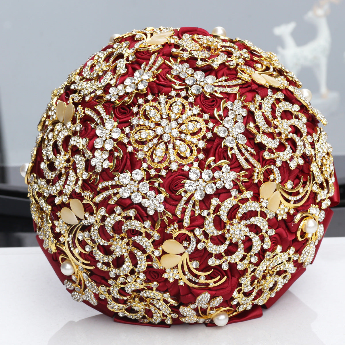 Handmade European-Style Golden Full Diamond Burgundy Bridal Bouquet with Rhinestones
