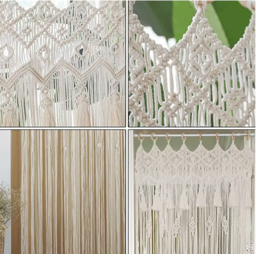 Hand-Woven Bohemian Cotton Tapestry Curtain Partition, Beige, Multiple Sizes