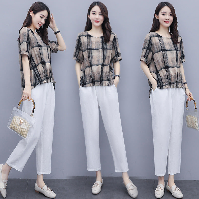 Loose Plaid Top Casual Plus Size Women's Harem Pants Nine-point Pants Two-piece Suit