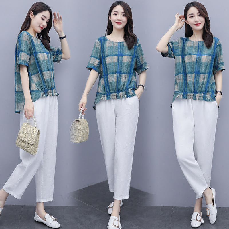 Loose Plaid Top Casual Plus Size Women's Harem Pants Nine-point Pants Two-piece Suit