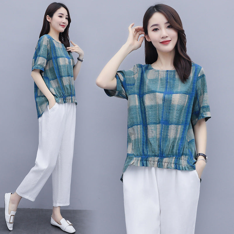 Loose Plaid Top Casual Plus Size Women's Harem Pants Nine-point Pants Two-piece Suit