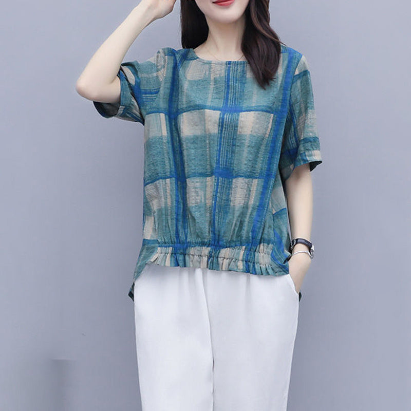 Loose Plaid Top Casual Plus Size Women's Harem Pants Nine-point Pants Two-piece Suit
