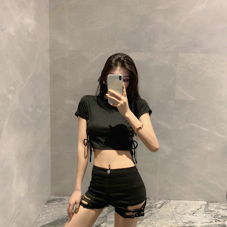 Women’s High-Waist Stretch Shorts – Double-Buckle Design, Bodycon Fit