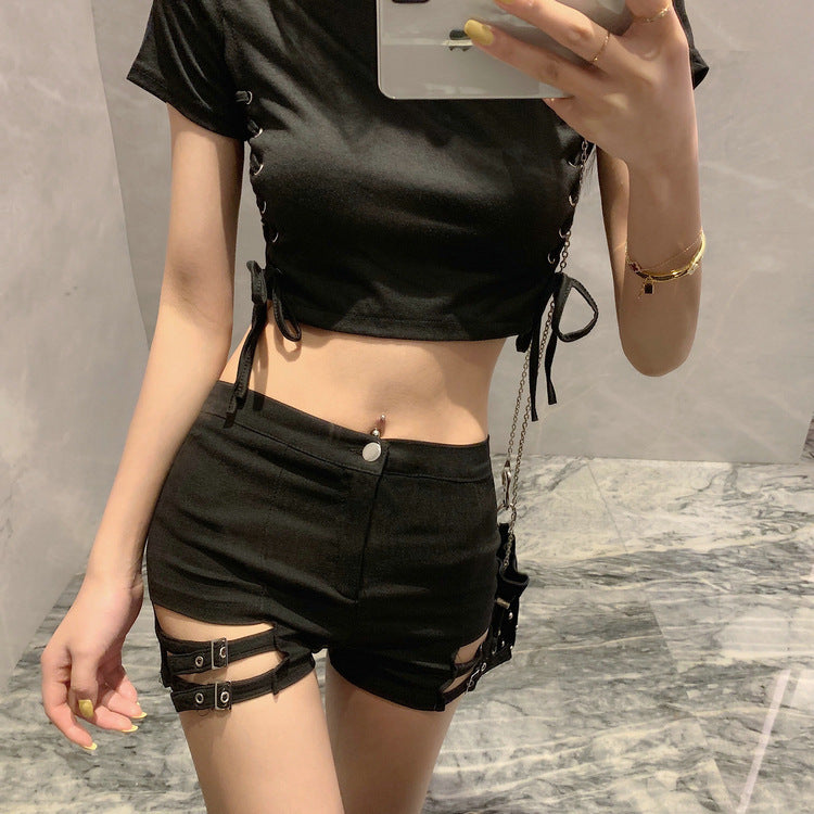 Women’s High-Waist Stretch Shorts – Double-Buckle Design, Bodycon Fit