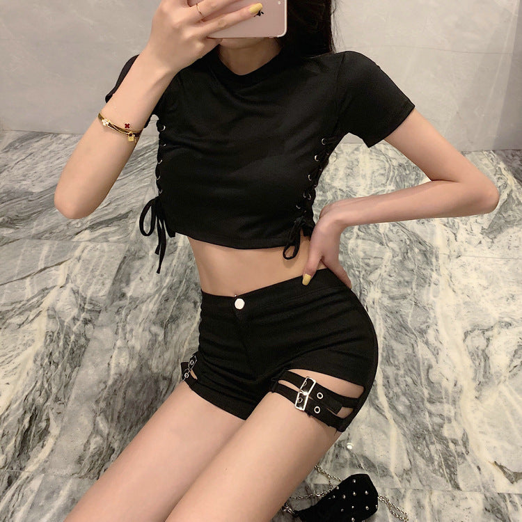 Women’s High-Waist Stretch Shorts – Double-Buckle Design, Bodycon Fit