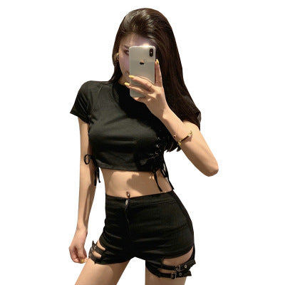 Women’s High-Waist Stretch Shorts – Double-Buckle Design, Bodycon Fit