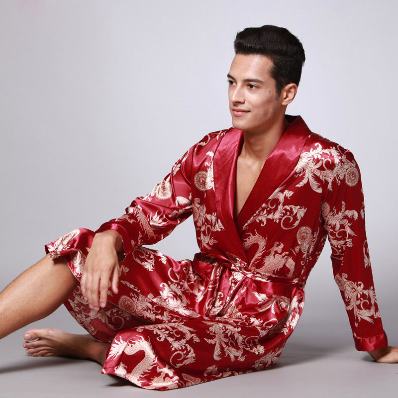 Long-Sleeved Nightgown, Printed Dragon Pattern, Long Bathrobe, Imitation Silk Home Service