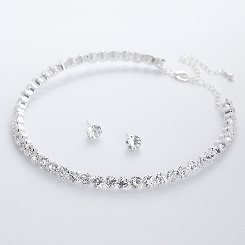 Simple Flower Claw Single Row Flashing Diamond Collar Necklace Earrings 3PCS Jewelry Set Bridal Accessories