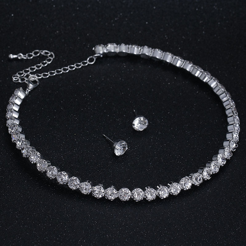 Simple Flower Claw Single Row Flashing Diamond Collar Necklace Earrings 3PCS Jewelry Set Bridal Accessories