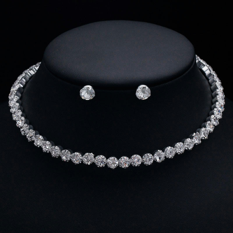 Simple Flower Claw Single Row Flashing Diamond Collar Necklace Earrings 3PCS Jewelry Set Bridal Accessories