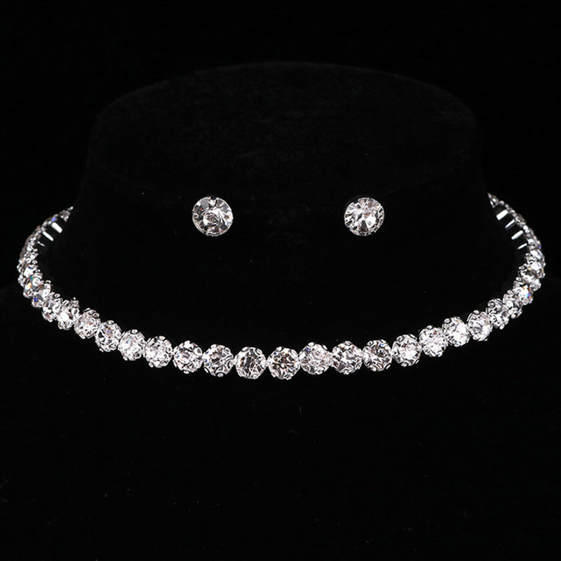 Simple Flower Claw Single Row Flashing Diamond Collar Necklace Earrings 3PCS Jewelry Set Bridal Accessories