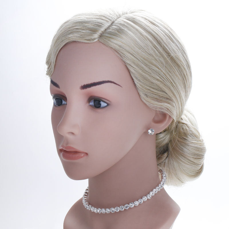 Simple Flower Claw Single Row Flashing Diamond Collar Necklace Earrings 3PCS Jewelry Set Bridal Accessories