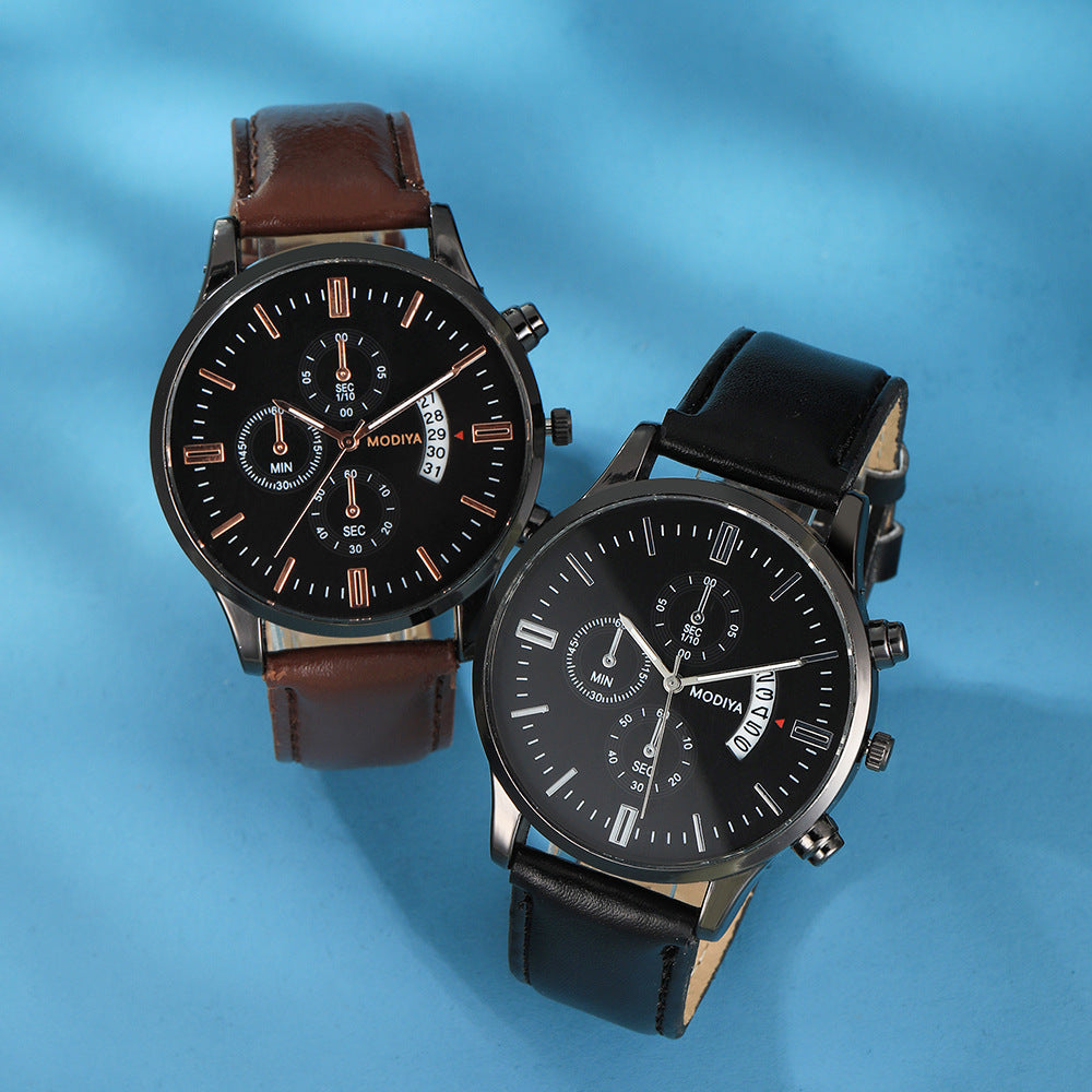 Simple Belt Men's Three-eye Six-hand Calendar Watch