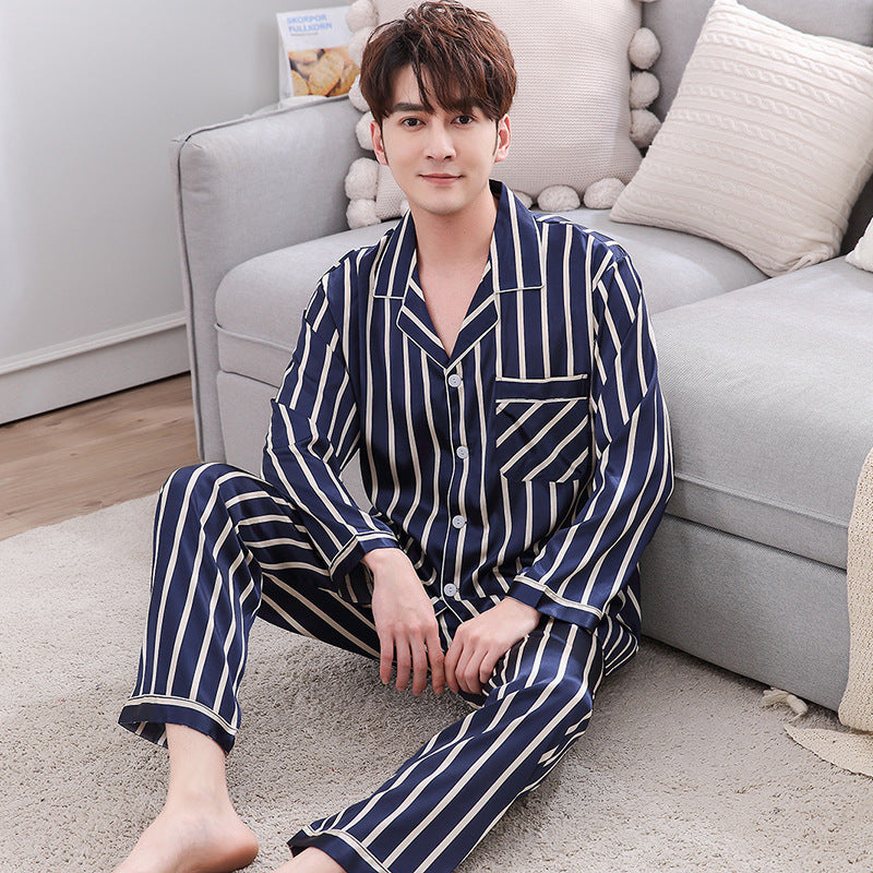Unisex Imitation Silk Striped Pajama Set Korean Style Lapel