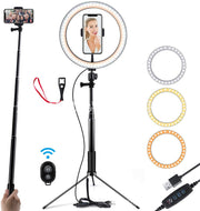 10-Inch LED Ring Light with Selfie Stick & Tripod Stand – Dimmable, Color Adjustable, iPhone Compatible
