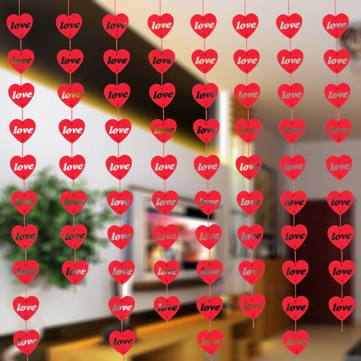 DIY Heart-Shaped Non-Woven Flower Curtain with 16 Hearts and 3m Red Rope