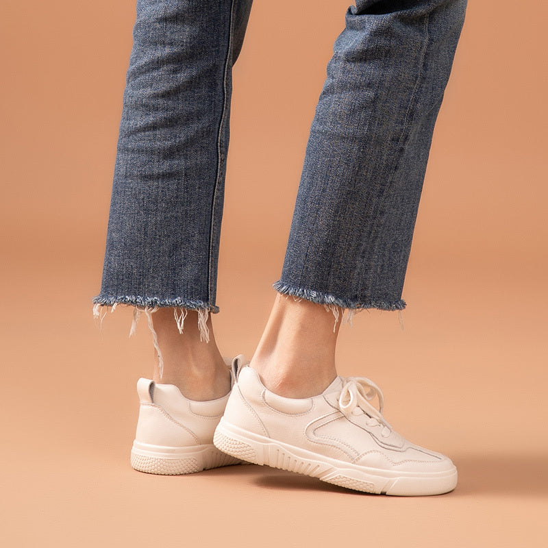 Womens Casual Soft Leather Shoes In Solid Color, Flat And Breathable