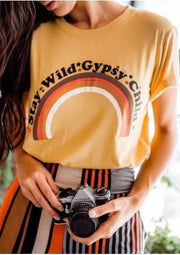 Women Summer T Shirt Stay Wild Gypsy Child Letter Rainbow