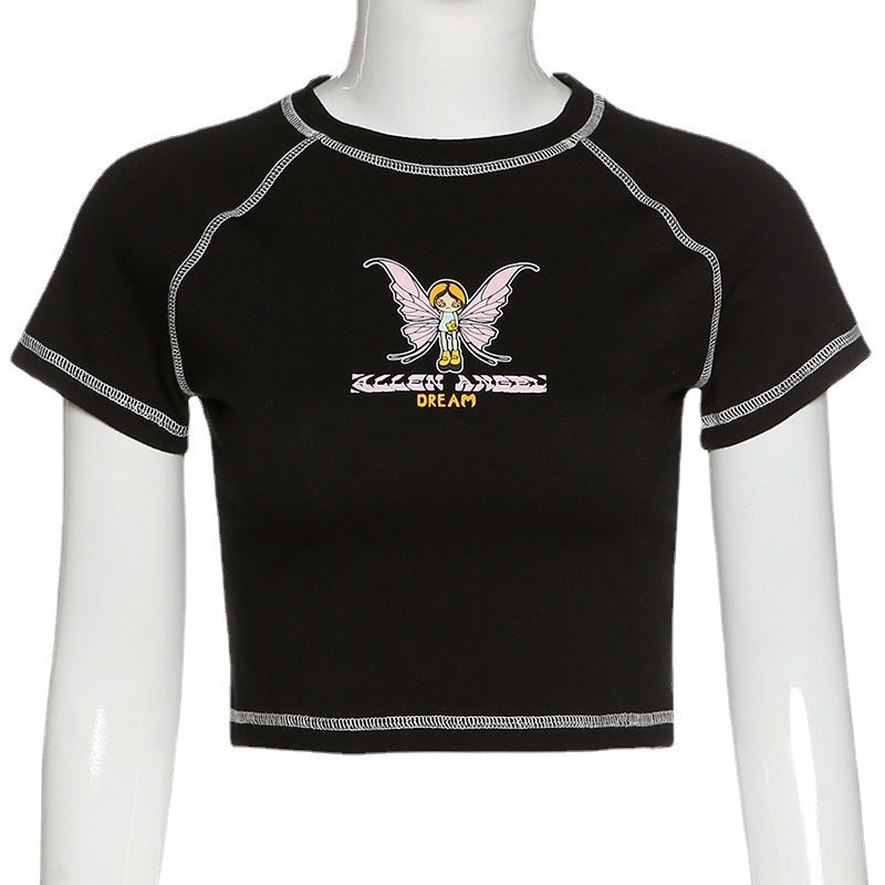 Womens Butterfly Letter Print Cropped Top Round Neck Short Sleeve T Shirt