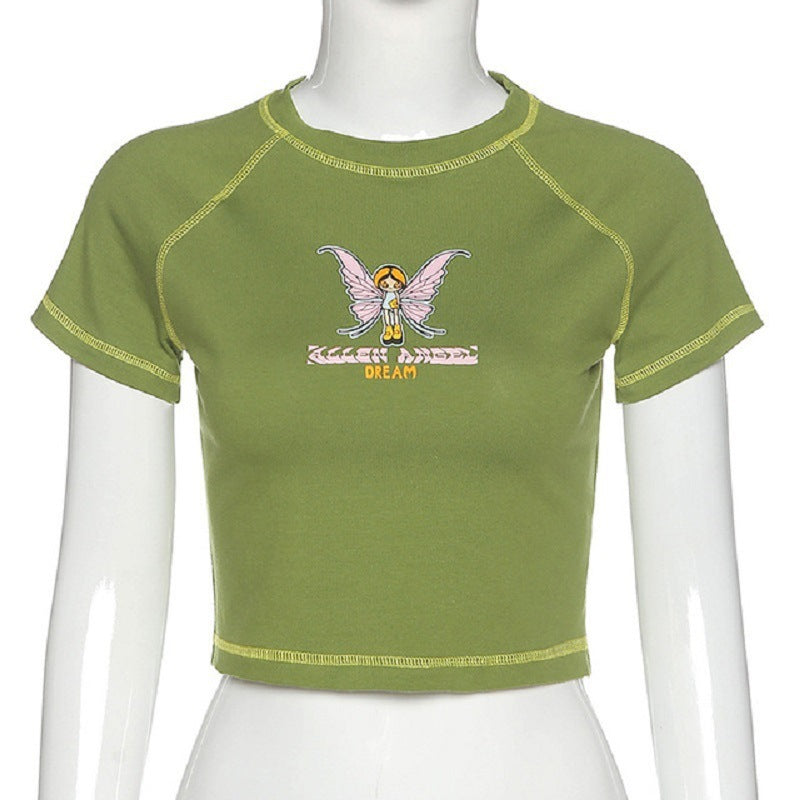 Womens Butterfly Letter Print Cropped Top Round Neck Short Sleeve T Shirt