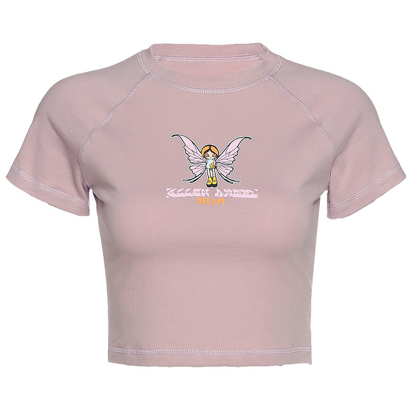 Womens Butterfly Letter Print Cropped Top Round Neck Short Sleeve T Shirt