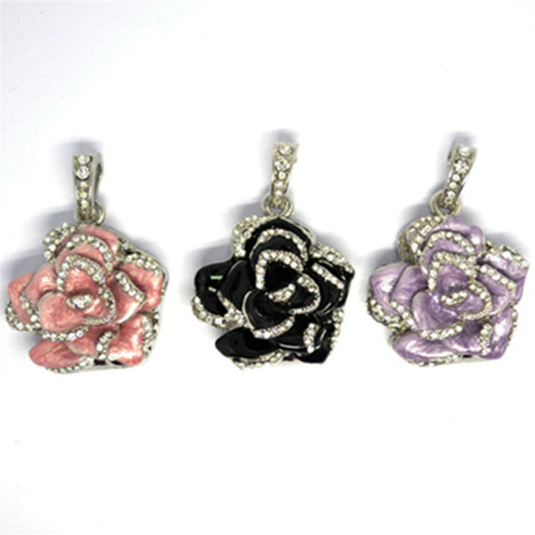 Diamond-Studded Metal Rose USB Drive – Elegant Rhododendron Crystal Jewelry